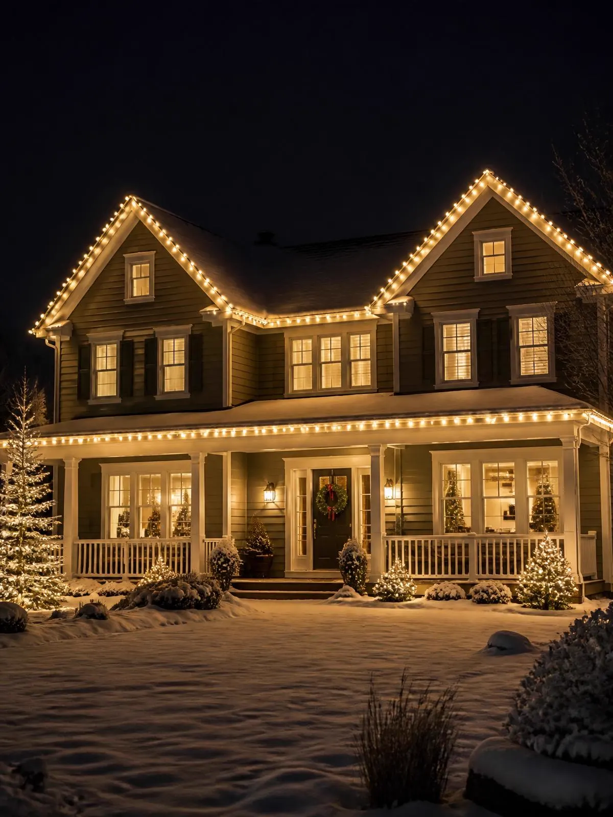 Snowy home outlined in warm white C9 Christmas lights