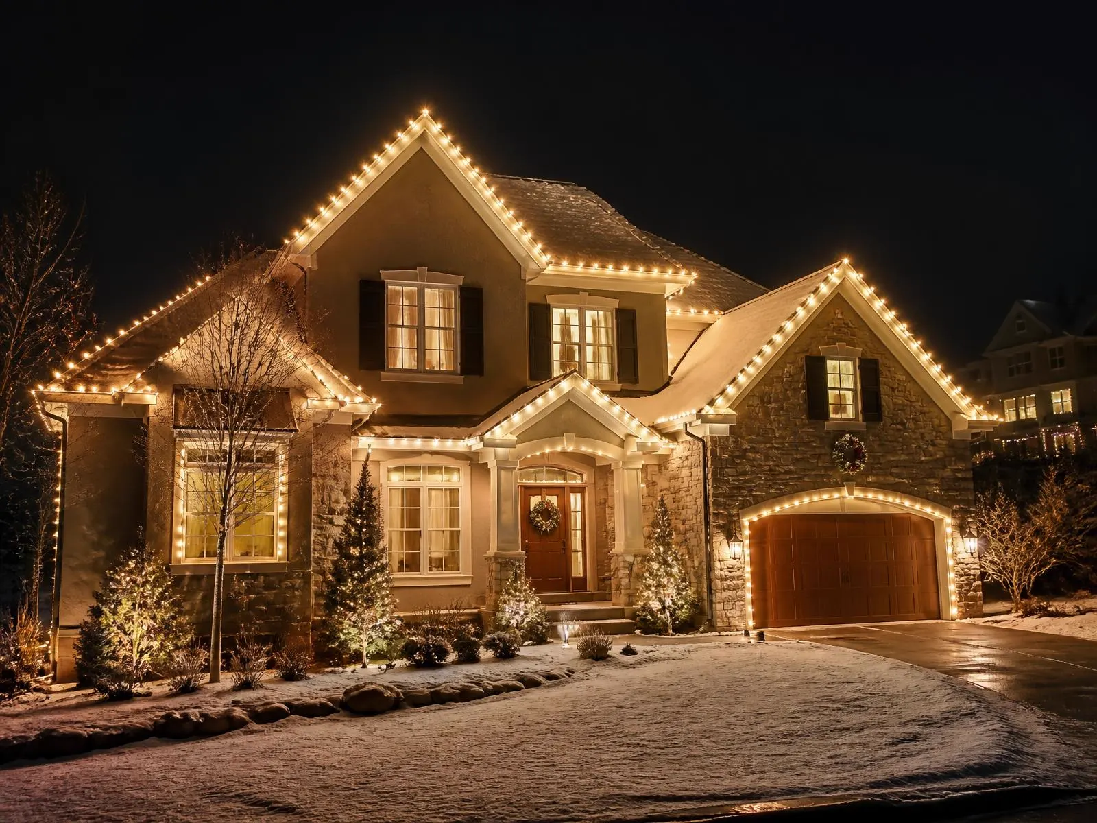 Beautiful Rochester home lit with professional warm white holiday lighting at night